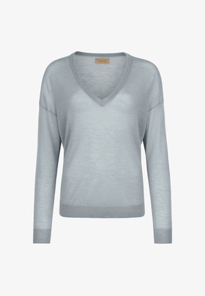 Pull à col en V à manches longues bleu clair avec poignets et ourlet côtelés, en tissu tricoté fin, présenté sur un fond blanc uni.