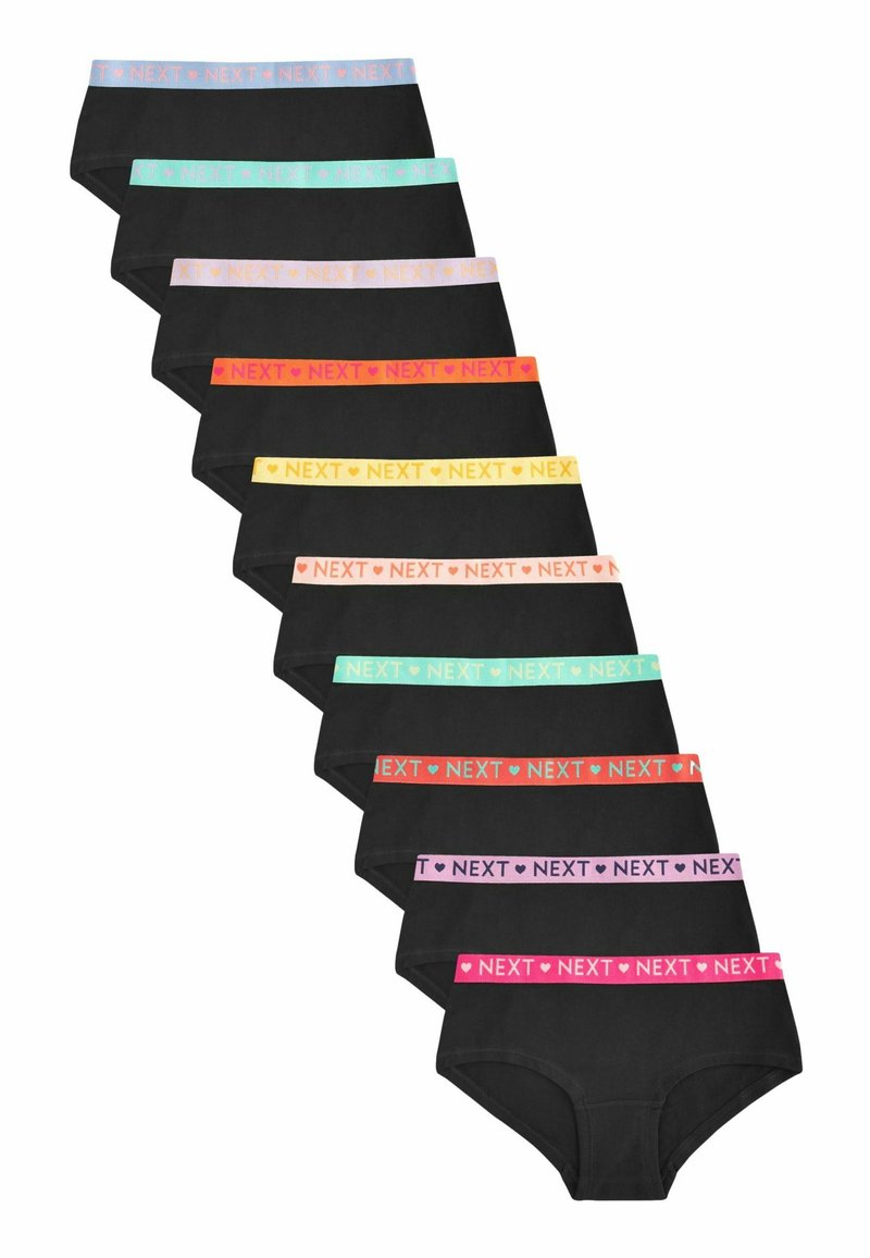 Sous-vêtements en coton noir avec des bandes élastiques colorées étiquetées "NEXT" dans diverses couleurs pastel. Ils présentent une coupe classique taille haute et une texture lisse.