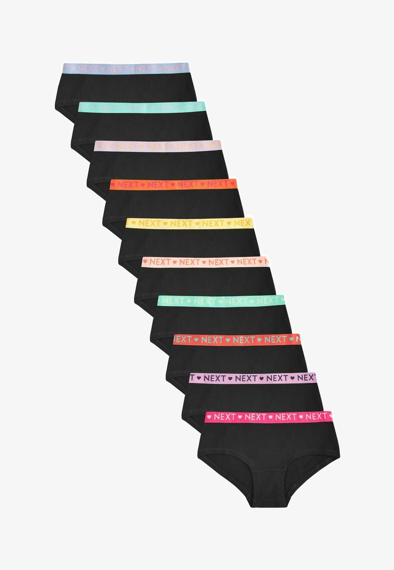 Sous-vêtements en coton noir avec des bandes élastiques colorées étiquetées "NEXT" dans diverses couleurs pastel. Ils présentent une coupe classique taille haute et une texture lisse.
