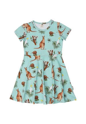 Hellblaues Kinderkleid mit kurzen Ärmeln, verziert mit Mustern von Känguru, Koala, Kakadu und Kiwi-Vogel sowie grünem Laub.