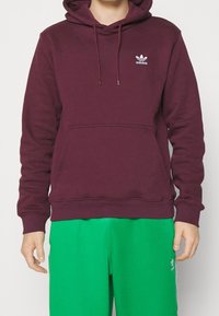 Sudadera con capucha color burdeos, con un bolsillo frontal, cordón y logo blanco de Adidas en el pecho. Puños y dobladillo acanalados con una textura suave.