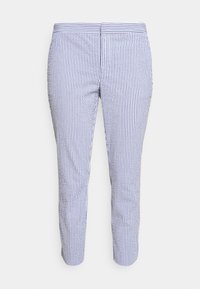 Blå- och vitrandiga byxor med rak skärning, tillverkade av lättviktsmaterial. Har en platt midja och inga synliga knytningar.