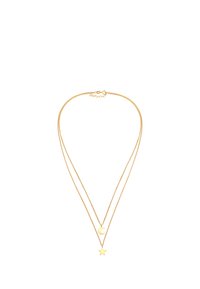 Collana a strati in tono oro con due catene delicate, una con un pendente a forma di luna crescente e l'altra con un pendente a forma di stella.