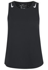 Musta Nike Aeroswift -toppi, hihaton muotoilu, jossa on valkoisia logo-aksentteja ja pieniä reikiä hengittävyyden parantamiseksi. Valmistettu kevyestä materiaalista.
