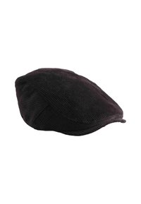 Czarna sztruksowa czapka typu flat cap z zaokrągloną koroną, posiadaj�ąca teksturowaną powierzchnię i wszyty daszek dla klasycznego wyglądu.