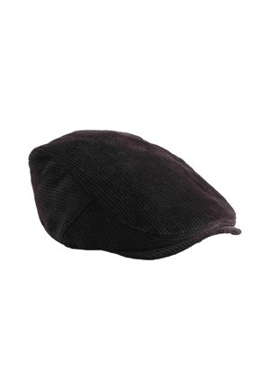 Black corduroy flat cap with a rounded crown, featuring a textured surface and a sewn brim for a classic design.
