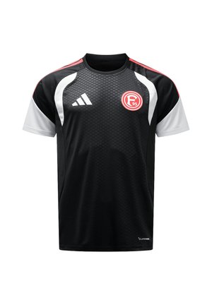 Schwarzes Sporttrikot mit weißen Ärmeln, roten Schulternstreifen, Adidas-Logo auf der linken Brust und einem roten, runden Vereinswappen auf der rechten Brust.
