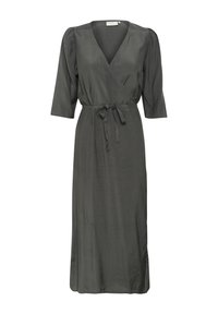 Dark gray wrap dress with a V-neckline, three-quarter sleeves, and a tie belt at the waist. Smooth fabric with a subtle sheen.