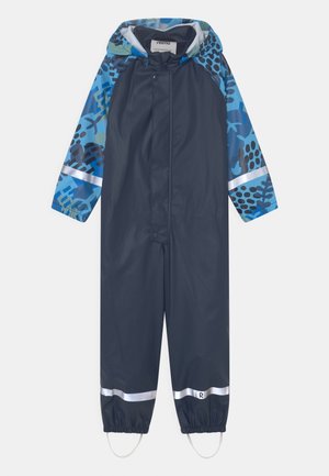 Salopette imperméable bleu marine avec une capuche et des manches à motif bleu vif, dotée de poignets élastiques et de bandes réfléchissantes pour plus de visibilité.