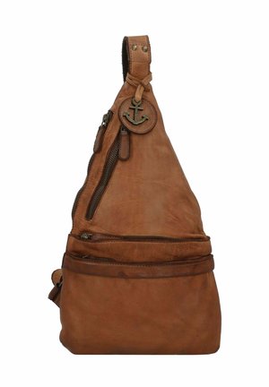 Brown leather sling bag with a triangular shape, featuring a main zip compartment, front zip pocket, and anchor emblem detail.