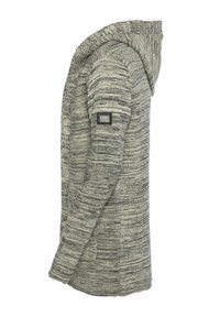 Grau und schwarz gestreifte Kapuzenjacke mit strukturiertem Strick, ausgestattet mit einer vollen Kapuze und seitlichen Nahtdetails. Beinhaltet ein Markenpatch am Arm.