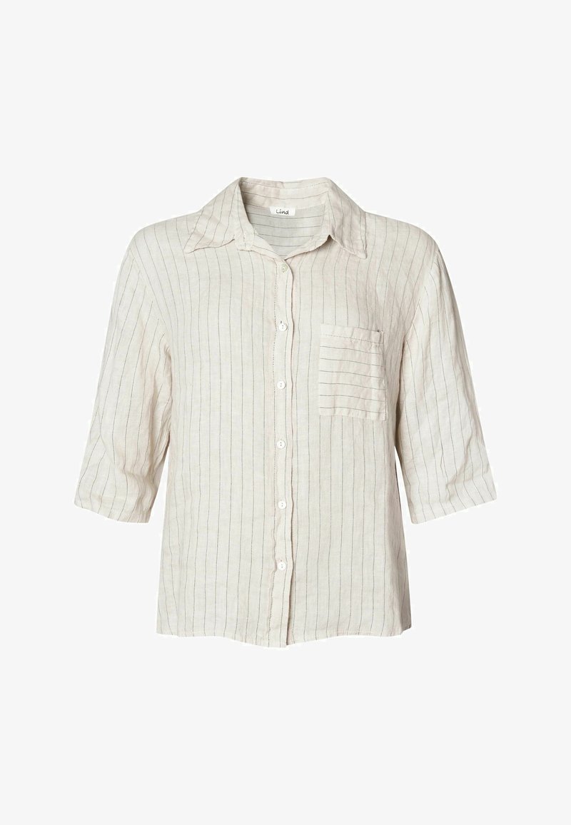 Light beige shirt with vertical blue stripes, short sleeves, collared design, and a left chest pocket featuring horizontal lines.