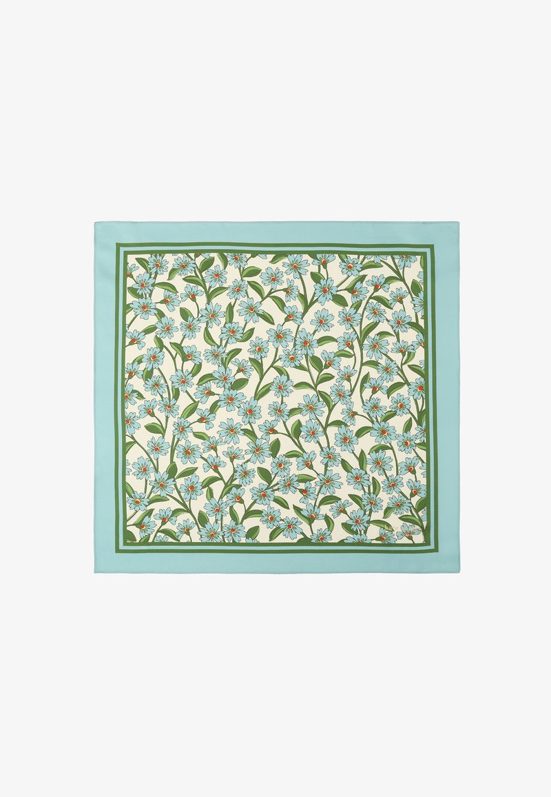 Foulard carré avec bordure bleu clair, vignes vertes et grappes de petites fleurs bleues aux centres rouges sur fond crème.