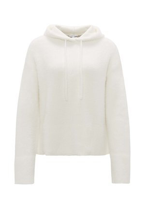 Witte, zachte hoodie met een relaxte pasvorm, voorzien van een trekkoordcapuchon, lange mouwen en een iets verkorte zoom. Fluweelachtige textuur overal.