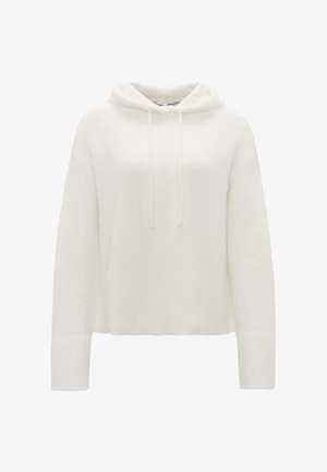 Felpa bianca, morbida, con un fit rilassato, dotata di cappuccio con lacci, maniche lunghe e un orlo leggermente accorciato. Texture pelosa in tutto il capo.