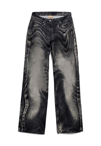 Zwarte denim wijde broek met een gestructureerd, vervaagd patroon, voorzien van vijf zakken en een knoopsluiting. Glad stof met een licht glanzende afwerking.