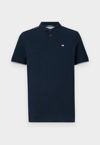 Navy blue polo shirt in cotton blend, featuring a three-button placket, short sleeves, and contrasting trim on the collar and sleeves.