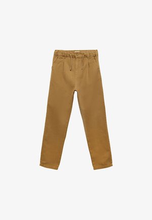 Pantalones de algodón beige con cintura ajustable, con dos bolsillos frontales, diseño de pierna recta y costuras decorativas a lo largo de las costuras.