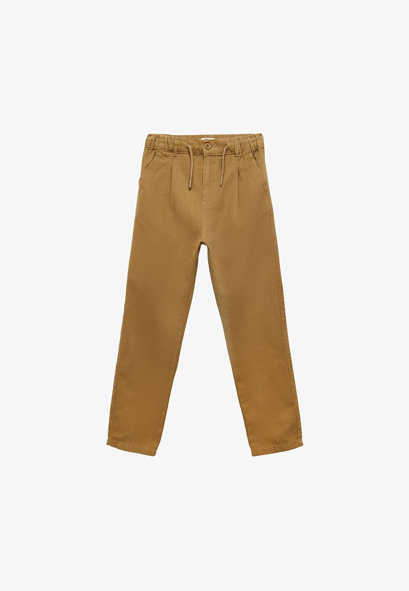 Pantaloni di cotone color sabbia con vita elasticizzata, dotati di due tasche frontali, design a gamba dritta e dettagli cuciti lungo le cuciture.