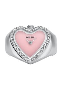Orologio a forma di cuore con cassa in metallo argentato, quadrante rosa e accenti di cristallo attorno alla lunetta, dotato di semplici lancette delle ore e dei minuti.