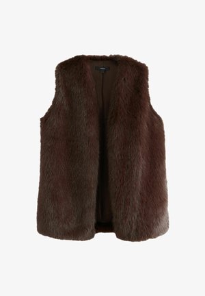 Smeđi lažni krzneni prsluk s mekanom teksturom, otvorenim prednjim dijelom i bez gumba. Ima glatku podstavu i mekan ovratnik.