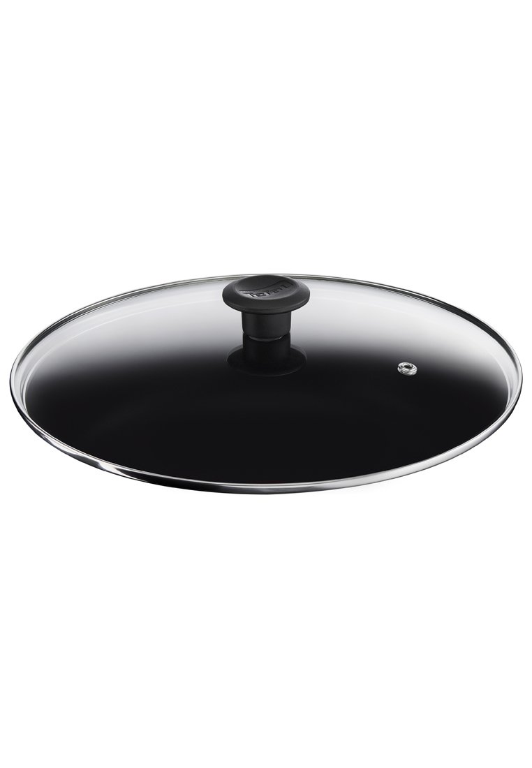 Glaskochdeckel mit schwarzem Knopfgriff und kleinem Dampfentlüftungsloch an der Seite, entwickelt für Kochtöpfe und Pfannen auf dem Herd.