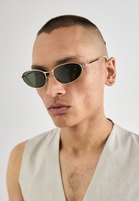 Gafas de sol con montura dorada y lentes negros en forma ovalada. Presentan patillas delgadas y un diseño minimalista. La montura tiene un sutil acabado detallado y pulido.