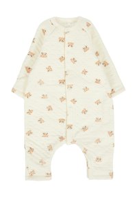 Body in crema per bambini con maniche lunghe e bottoni a pressione, decorato con un motivo di piccoli visi di volpe beige.