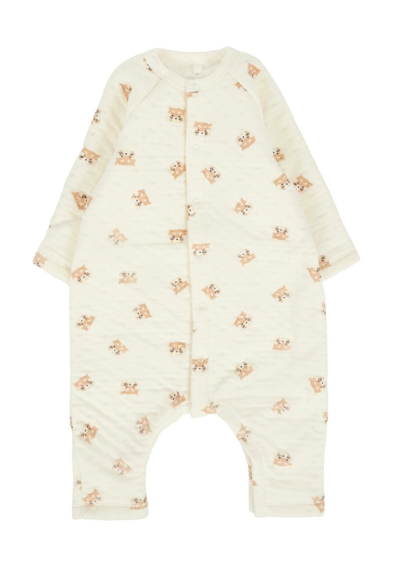 Body in crema per bambini con maniche lunghe e bottoni a pressione, decorato con un motivo di piccoli visi di volpe beige.