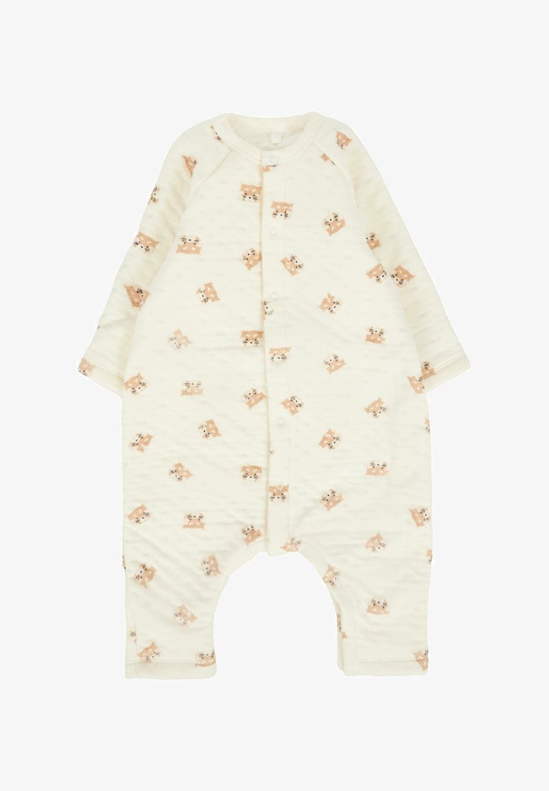 Body in crema per bambini con maniche lunghe e bottoni a pressione, decorato con un motivo di piccoli visi di volpe beige.