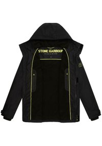 Zwarte jas met een capuchon, met gele accenten en zichtbare stiksels. Inclusief twee vo Taschen en een zachte binnenvoering.