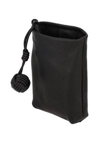 Săculeț din piele neagră cu suprafață texturată. Are un sistem de închidere cu șnur și un accent noduros în partea de sus. Formă compactă și dreptunghiulară.