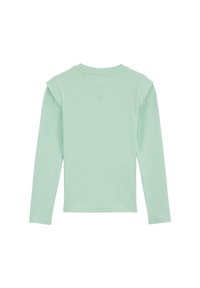 Világos menta zöld, bordázott anyagból készült hosszú ujjú felső. Finom vállrátétekkel és kerek nyakkivágással. Egyszerű hátoldali kialakítás.