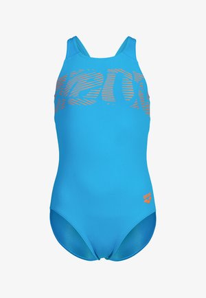 Sininen yksiosainen uimapuku, jossa oranssi, teksturoitu kuvio edessä. Valmistettu sileästä, joustavasta kankaasta, ohuilla olkaimilla.