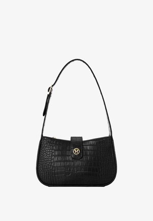 Bolso de mano de imitación de cuero negro con un patrón texturizado de cocodrilo. Cuenta con una correa de hombro curva y herrajes en tono dorado con un acento de logo.