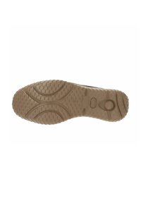 Suela de un zapato de goma en tono marrón claro, con un patrón texturizado en forma de panal que presenta líneas curvas y un detalle circular cerca del centro.