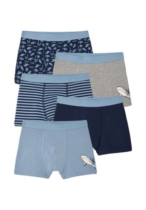 Five boys’ boxer briefs with light blue waistbands, featuring navy fish patterns, grey with shark design, navy stripes, solid navy, and light blue with shark print.