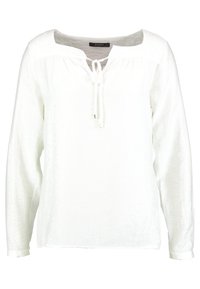 Blouse blanche à manches longues avec un col arrondi, un détail à nouer à l'avant, un tissu texturé et une coupe décontractée.