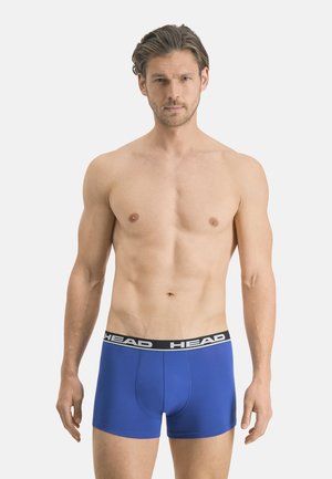 Blaue Boxer-Briefs aus dehnbarem Stoff mit einem schwarzen Bund, auf dem der Markenname "HEAD" in weißen Buchstaben steht.