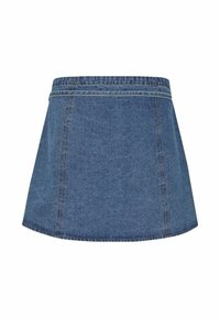 Jeansowa spódnica mini o rozkloszowanym kroju w średnim niebieskim odcieniu, z kontrastowym przeszyciem i elastycznym pasem.