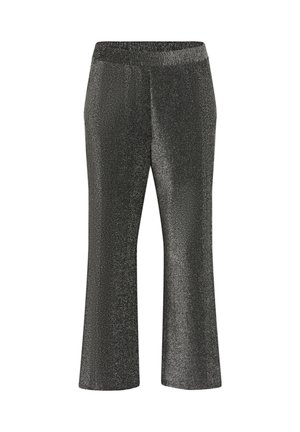 Zwarte, gestructureerde broek met een glanzende afwerking. Elastische tailleband, cropped wijdbeen ontwerp, en geen zichtbare hardware of patronen.
