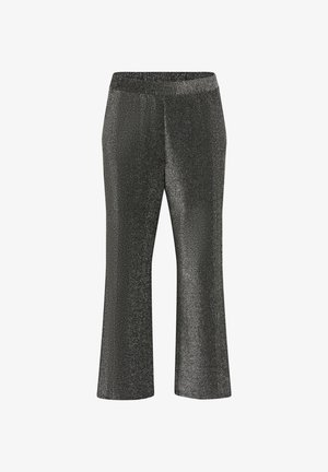 Sorte, teksturerede bukser med en glitrende finish. Elastisk talje, cropped vidbenet design, og ingen synlig hardware eller mønstre.
