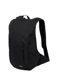 Black backpack made of durable fabric, featuring a smooth texture, padded straps, zippered compartments, and a logo on the front.
