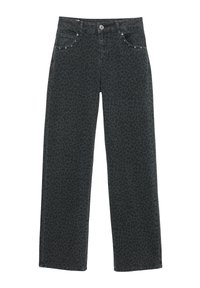 Jean noir taille haute à jambes droites, avec un motif léopard sombre subtil et des rivets argentés sur les poches avant.