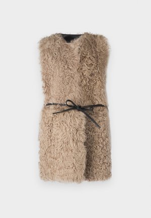 Beige faux fur vest with a v-neckline and black tie belt. Features a textured, fluffy surface and open front design.
