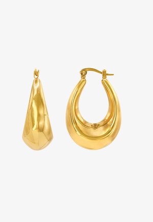 Zlatne kružne naušnice imaju glatku, reflektivnu površinu s izraženim oblicima suze i polumjeseca. Vidljivi su mehanizmi za kopčanje.