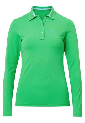 Grøn polotrøje med lange ærmer i polyester, med klassisk krave, tre-knaps åbning og en let, glat tekstur.