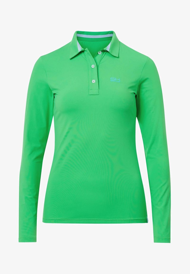 Polo vert à manches longues en polyester, doté d'un col classique, d'une patte à trois boutons et d'une texture légère et lisse.
