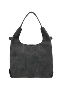Borsa a mano in suede grigia con parte superiore curva, cuciture caratteristiche sulla parte anteriore e un manico singolo per il trasporto. Texture morbida, design semplice.