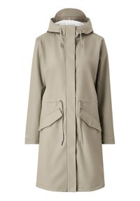Beige waterdichte jas met een capuchon, sluiting met rits aan de voorkant, verstelbare koordjes en twee zijzakken. Gladde, matte afwerking.